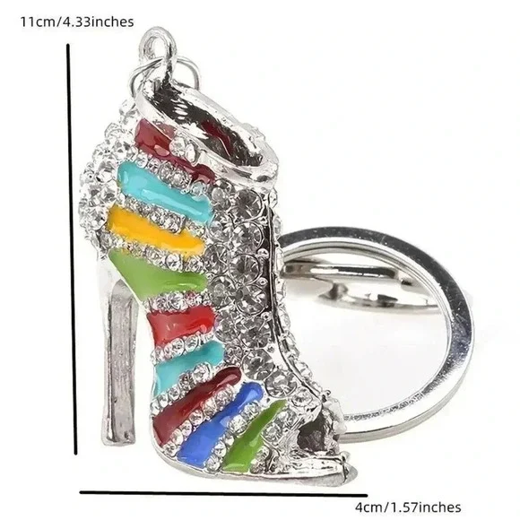 Multicolor Heels Pumps Crystal Rhinestones Silvertoned Handbag Charm Keychain - Picture 4 of 4